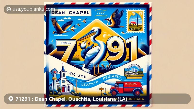 Modern illustration of Dean Chapel, Ouachita, Louisiana (LA), designed as a creative postcard for ZIP code 71291. Features Louisiana state flag with pelican and chicks against blue background, symbolic of 'Union, Justice, Confidence,' incorporating local landmarks and postal motifs.
