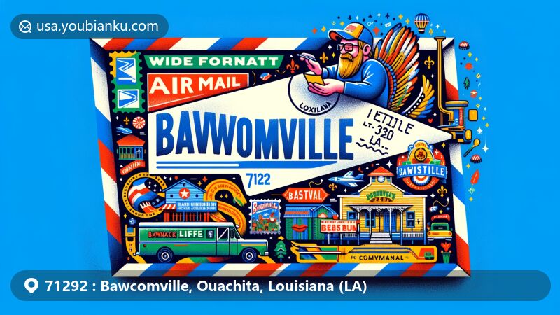 Modern illustration of Bawcomville, Louisiana, featuring postal theme with ZIP code 71292, showcasing Redneck Christmas Parade and community spirit.