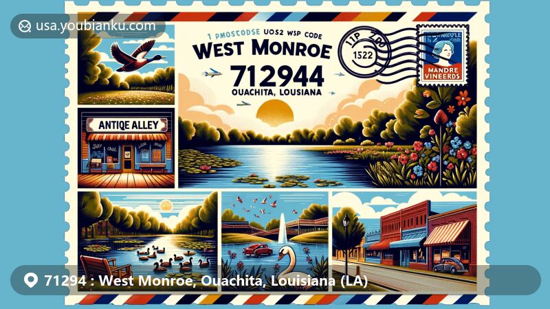 Wide illustration of West Monroe, Ouachita Parish, Louisiana, featuring Kiroli Park's natural beauty with lakes, ducks, and nature trails, reflecting local landscape. Includes Landry Vineyards showcasing local wine culture, Antique Alley displaying shopping and antique charm, and Ouachita River emphasizing geographic features of West Monroe and sister city Monroe. Postal theme with Louisiana state flag stamp, highlighting ZIP code '71294', in an airmail border design. Vibrant style captures the essence of West Monroe, emphasizing natural beauty, local culture, and community life.