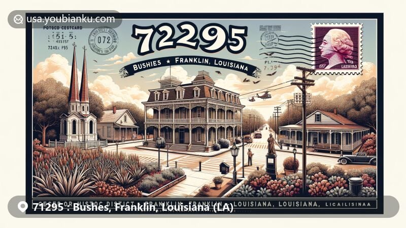 Modern illustration of Bushes, Franklin, Louisiana, showcasing postal theme with ZIP code 71295, featuring Franklin Historic District, mid-nineteenth-century structures, turn-of-the-century buildings, Main Street, and the Franklin Parish Catfish Festival.