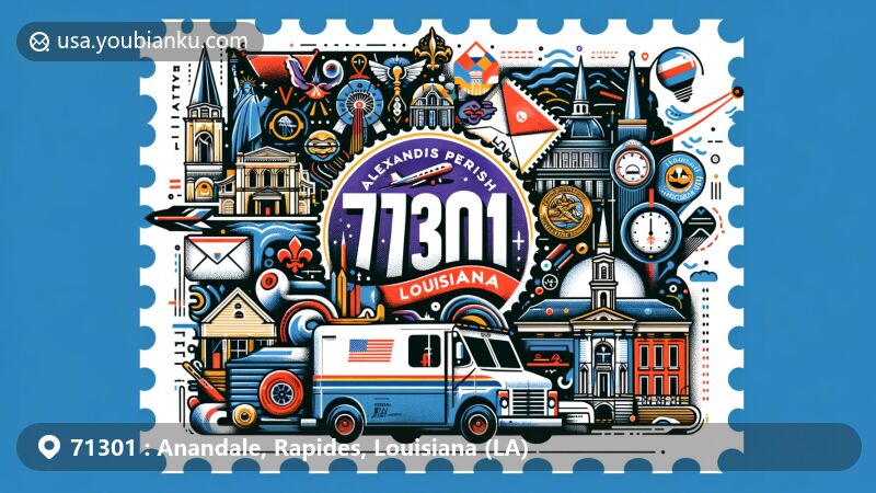 Modern illustration of Alexandria, Rapides Parish, Louisiana, featuring ZIP code 71301, highlighting cultural and historical landmarks with postal symbols and Louisiana state flag.