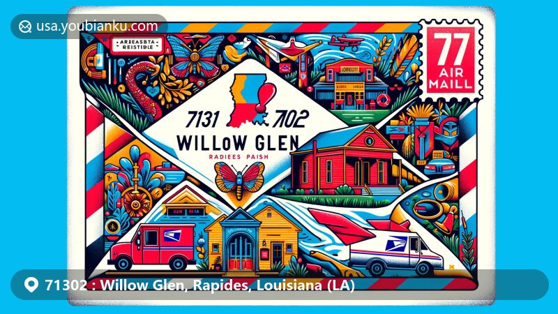 Modern illustration of Willow Glen, Rapides Parish, Louisiana (LA), depicting postal theme with ZIP code 71302, featuring a detailed map outline, the Louisiana state flag, local landmarks, and postal elements.