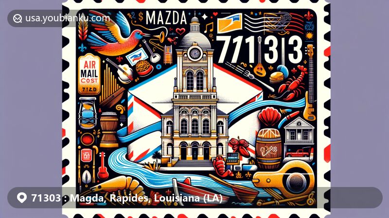 Modern illustration of Magda, Rapides Parish, Louisiana, featuring air mail envelope design with postal code 71303 and Louisiana symbols like Rapides Parish Courthouse, Red River, gumbo pot, crawfish, and musical instrument.