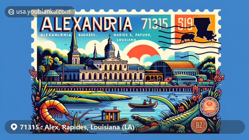 Modern illustration of Alexandria, Rapides Parish, Louisiana, featuring Alexandria Museum of Art and Bayou Rigolette, with Louisiana state silhouette and vintage air mail envelope showcasing ZIP Code 71315 and iconic state symbols.