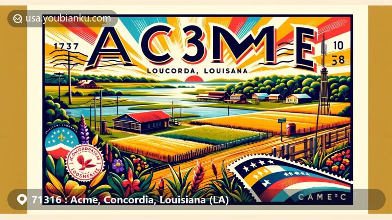 Modern illustration of Acme, Louisiana, capturing the essence of small-town life in the South with charming architecture and lush greenery.