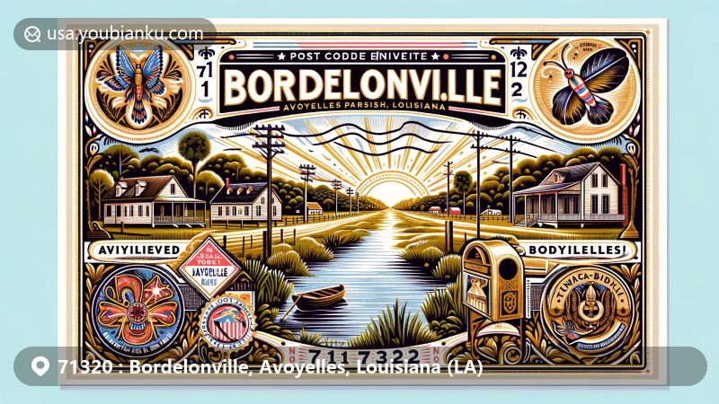 Modern illustration of Bordelonville, Avoyelles Parish, Louisiana, featuring tranquil Bayou des Glaises view, French colonial & Native American heritage motifs, vintage postal elements, and ZIP code 71320.