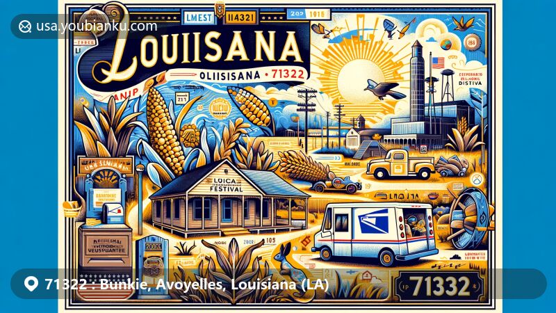 Modern illustration of Bunkie, Louisiana, in Avoyelles Parish, highlighting postal theme with ZIP code 71322, featuring Louisiana Corn Festival imagery, Creole French heritage, and Tunica-Biloxi Indian Tribe history.