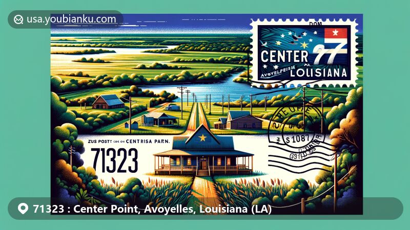 Modern illustration of Center Point, Avoyelles Parish, Louisiana, showcasing postal theme with ZIP code 71323, featuring lush green landscapes and iconic Louisiana state flag.