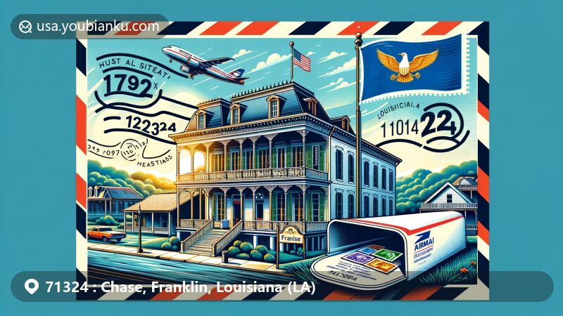 Modern illustration of Franklin Historic District, Chase, Franklin Parish, Louisiana, highlighting rich history and cultural heritage, featuring Louisiana state flag and postal theme with ZIP code 71324.