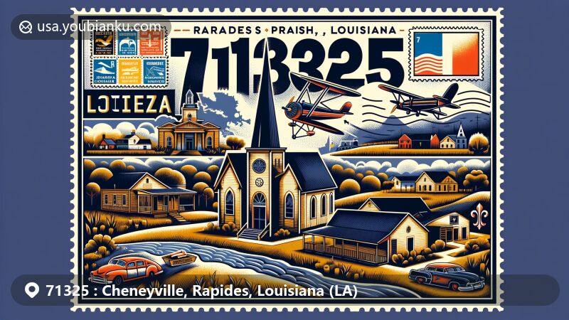 Modern illustration of Cheneyville, Rapides Parish, Louisiana, capturing the pastoral scenery and rural charm, incorporating historical and cultural elements like Cheneyville Christian Church. Features air mail envelope, vintage stamps with local landmarks, and postmark design with ZIP code 71325.