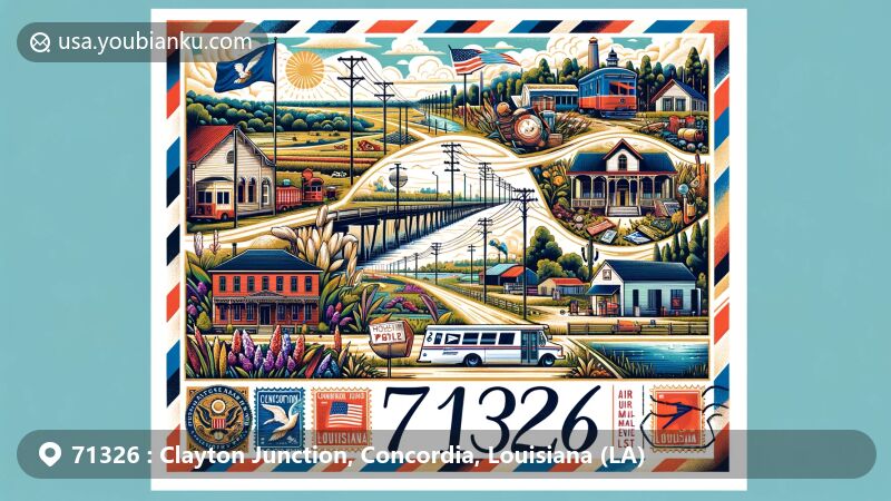 Modern illustration of Clayton Junction, Concordia Parish, Louisiana, inspired by postcard aesthetics and local culture, with Louisiana state symbols and postal elements.