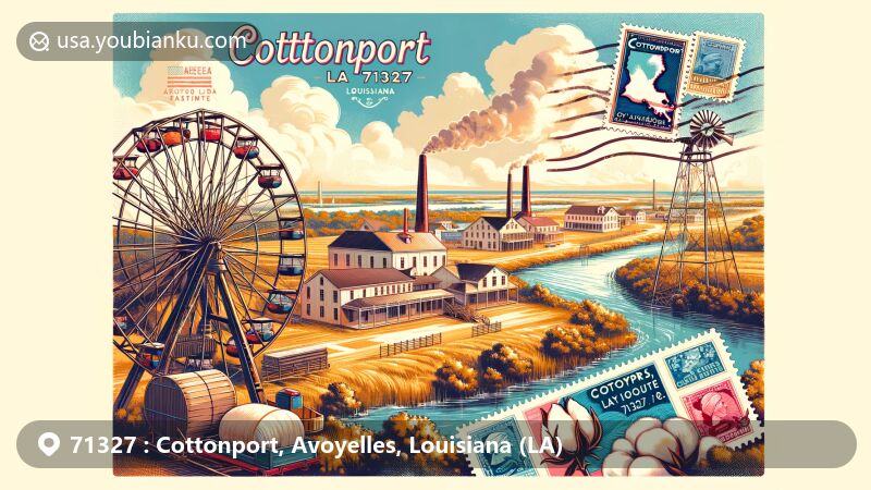 Modern illustration of Cottonport, Louisiana, featuring vibrant postal theme, showing aerial view near Atchafalaya River, showcasing old cotton mill and Bayou Rouge, framed in colorful postcard with stamps of cotton plant and Bayou Rouge, postmark for Cottonport, LA 71327.