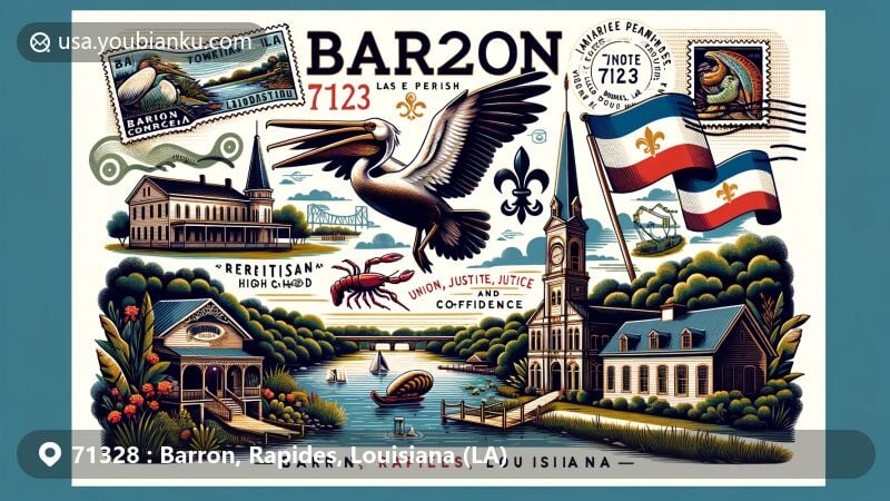 Modern illustration of Barron, Rapides Parish, Louisiana with ZIP code 71328, featuring Bolton High School and Bohemian Community Hall, showcasing Louisiana state flag and postal elements like airmail envelope and vintage stamp with crawfish.