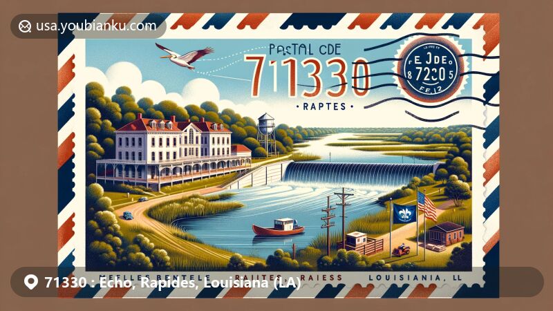 Vintage-style illustration of Echo, Rapides, Louisiana, featuring ZIP code 71330 in a creative air mail envelope design with Bentley Hotel and Bailey's Dam, Louisiana state flag, bayous, and postage stamp of the brown pelican.