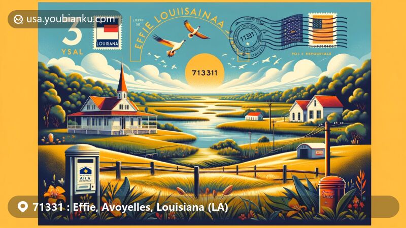 Modern illustration of Effie, Avoyelles Parish, Louisiana, fusing geography, culture, and postal motifs with Louisiana's state symbols in a picturesque rural landscape.