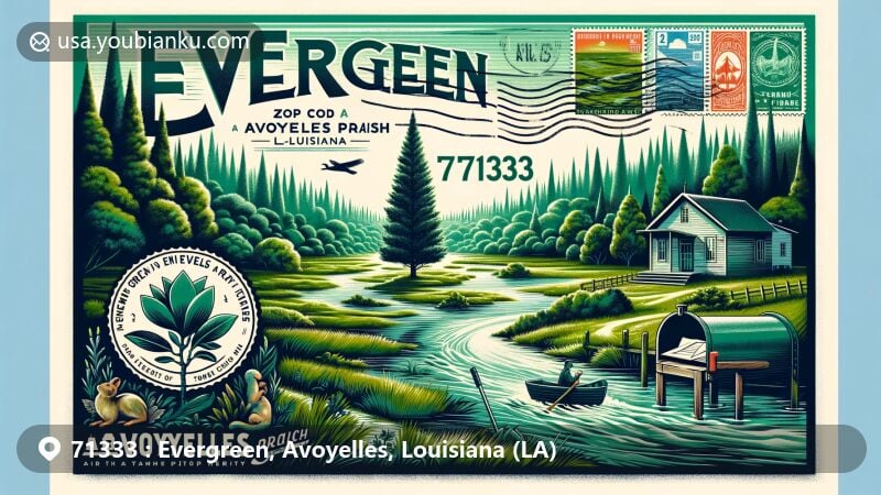 Modern illustration of Evergreen, Avoyelles Parish, Louisiana, highlighting natural beauty and cultural heritage, featuring magnolia tree, lush forests, rivers, and French Creole influence.