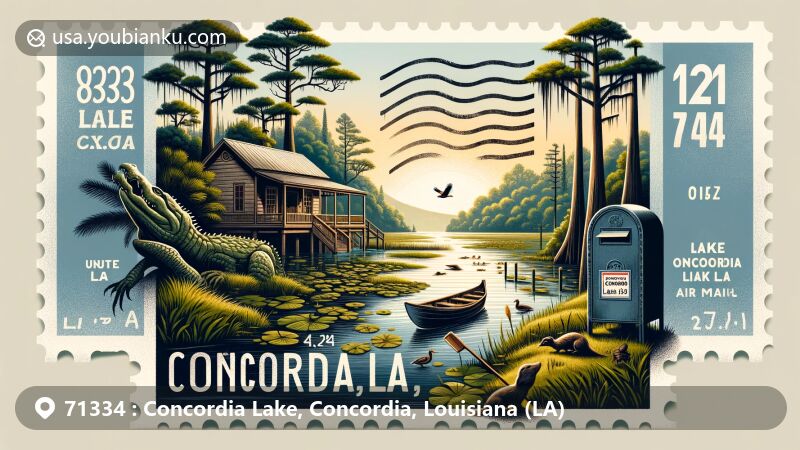 Contemporary illustration of Lake Concordia, Concordia Parish, Louisiana, capturing serene beauty with lush vegetation and cypress trees, showcasing a postal theme with '71334 Concordia Lake, LA' postage stamp.