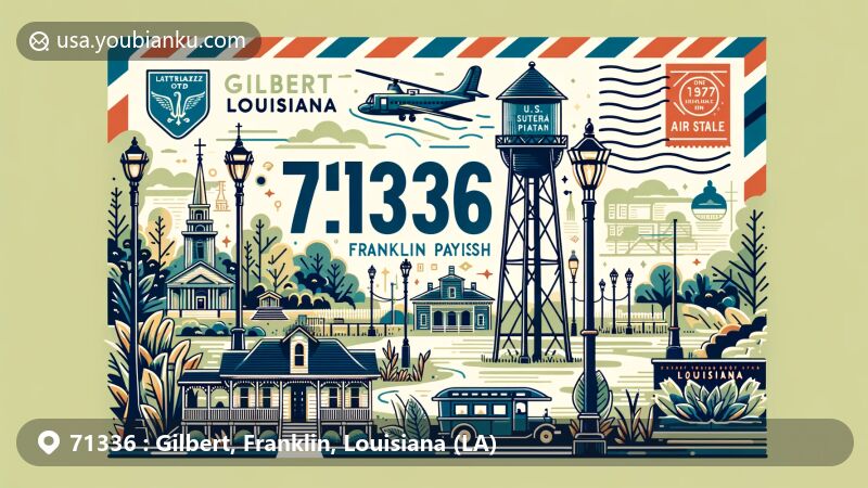 Modern illustration of Gilbert, Franklin Parish, Louisiana, with postal theme and ZIP code 71336, depicting landmarks like Gilbert Water Tower and cultural symbols like Main Street lampposts.