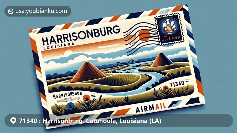 Modern illustration of Harrisonburg, Louisiana, showcasing creative airmail envelope design with iconic Indian mounds, Ouachita River, Louisiana flag, postage stamps, and postal markings celebrating ZIP code 71340 and Harrisonburg's postal identity.