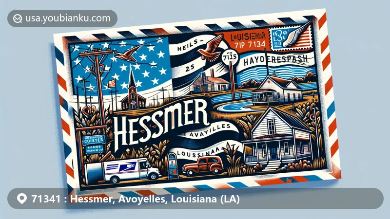 Modern illustration of Hessmer, Louisiana, showcasing postal theme with ZIP code 71341, featuring Louisiana state flag, Avoyelles Parish silhouette, vintage airmail edge, and postal stamp.