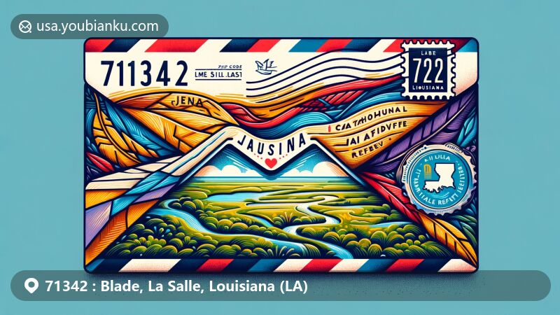 Modern illustration of air mail envelope for ZIP Code 71342 in Jena, La Salle Parish, Louisiana, featuring postage stamp and Catahoula National Wildlife Refuge.