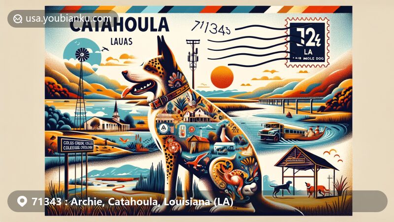 Modern illustration of Archie, Catahoula Parish, Louisiana, inspired by ZIP code 71343, featuring Catahoula Leopard Dog, Ouachita River, and cultural elements of Marksville, Troyville, Coles Creek, and Plaquemine cultures.