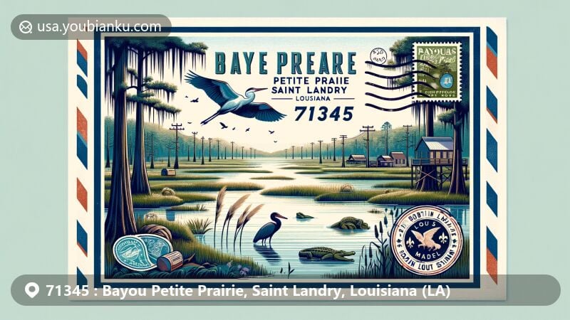 Modern illustration of Bayou Petite Prairie, St. Landry County, Louisiana, depicting Southern Gothic charm with calm waters, cypress and tupelo trees, showcasing local wildlife like blue herons or alligators, and cultural elements such as zydeco music, traditional instruments, and local cuisine like crawfish or okra soup, featuring postal elements with stamps, postmarks, and ZIP code 71345, combining retro and modern aesthetics, ideal for web showcases.