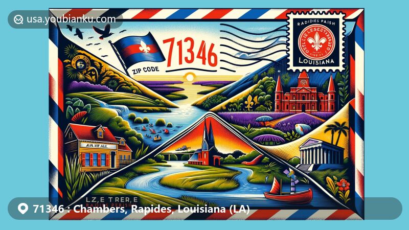 Modern illustration of ZIP code 71346 in Lecompte area, Rapides Parish, Louisiana, melding natural beauty and landmarks like Red River, Louisiana state flag, and local parish courthouse; all depicted within a vintage air mail envelope design.