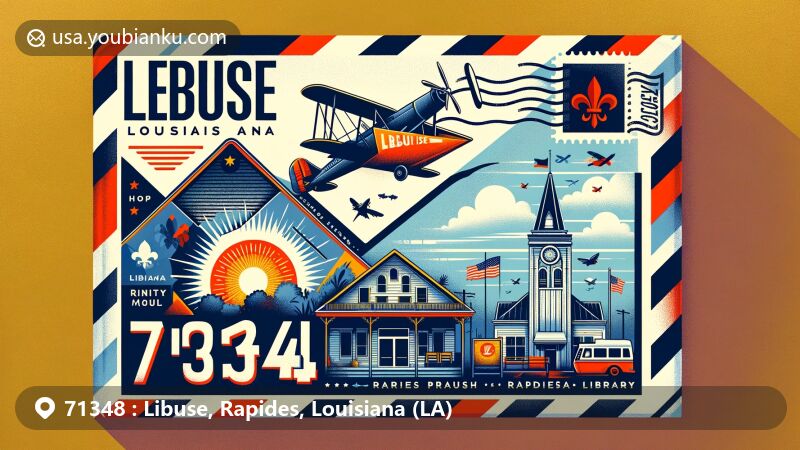 Modern illustration of Libuse, Louisiana, with vintage air mail envelope design showcasing Louisiana state flag, Rapides Parish silhouette, and Libuse Branch of Rapides Parish Library, featuring ZIP Code 71348 and postal stamp.