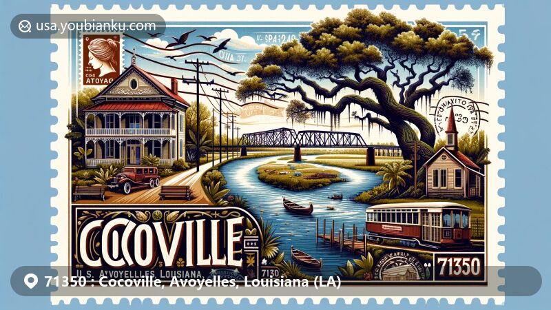Modern illustration of Cocoville, Avoyelles Parish, Louisiana, featuring scenic Red River and Atchafalaya River merging, iconic live oak trees, Sarto Old Iron Bridge, Creole cultural elements, vintage postcard format, ZIP code 71350 stamp, postal mark, and old mailbox.