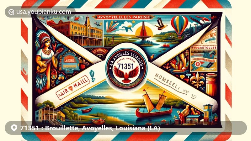 Illustration of Avoyelles Parish, Louisiana, showcasing ZIP code 71351, with vintage air mail envelope surrounded by local landmarks, cultural icons, and natural beauty.