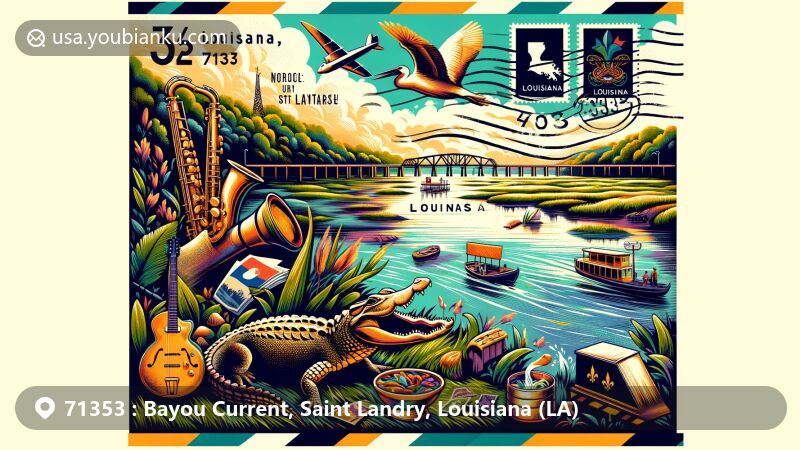 Modern illustration of Bayou Current, Saint Landry Parish, Louisiana, highlighting postal theme with ZIP code 71353, showcasing bayou environment, jazz traditions, culinary culture, and local wildlife.