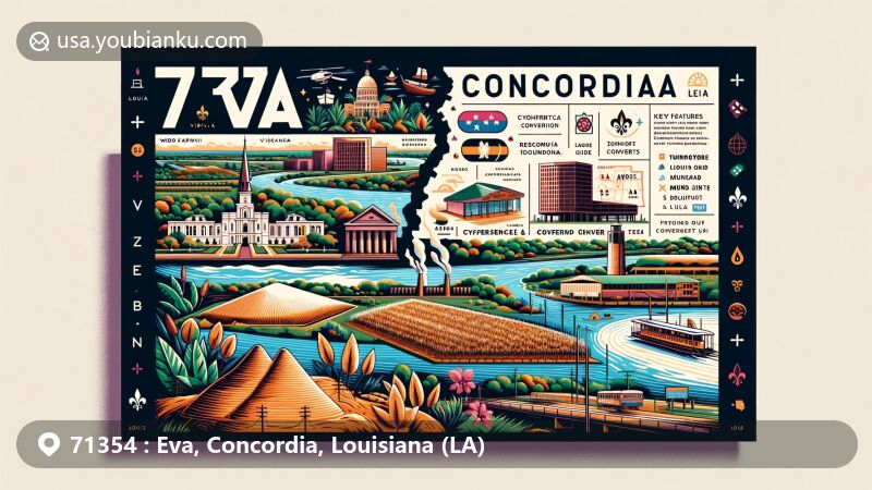 Modern postcard-style illustration of Eva, Concordia, Louisiana, showcasing ZIP code 71354 and cultural heritage elements like earthwork mounds, Mississippi River, Vidalia Conference Center, and Louisiana culinary delights.