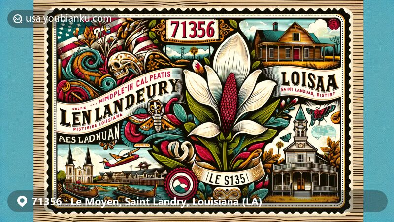 Modern illustration of Le Moyen, Saint Landry Parish, Louisiana, featuring vibrant Cajun culture and Creole heritage, showcasing Opelousas Historic District and Louisiana's state flower, the magnolia, with postal-themed elements and ZIP code 71356.