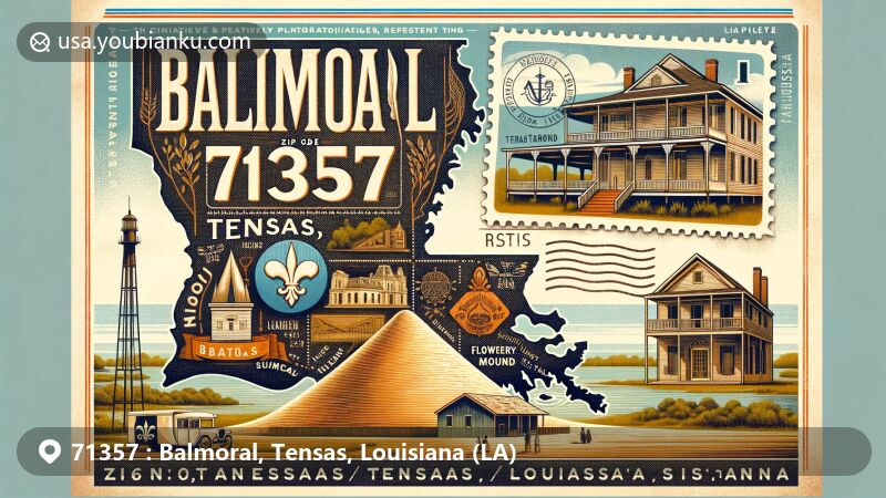 Modern illustration of Balmoral, Tensas Parish, Louisiana, showcasing vintage postal theme with ZIP code 71357, featuring Linwood Plantation Manager's House and Flowery Mound.