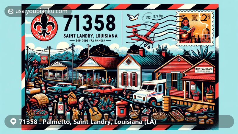 Modern illustration of Palmetto, Saint Landry, Louisiana, showcasing postal theme with ZIP code 71358, featuring Cajun and Creole festivals, local cuisine, live music, and Atchafalaya National Heritage Area.