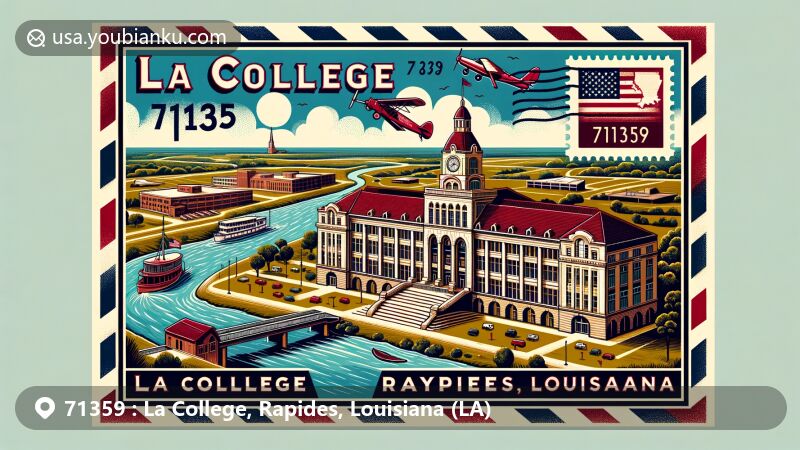 Modern illustration of La College, Rapides County, Louisiana, capturing the essence of ZIP code 71359 in postcard format. Featuring iconic buildings like Bentley Hotel and Rapides Parish Courthouse, representing the area's history and architectural heritage.