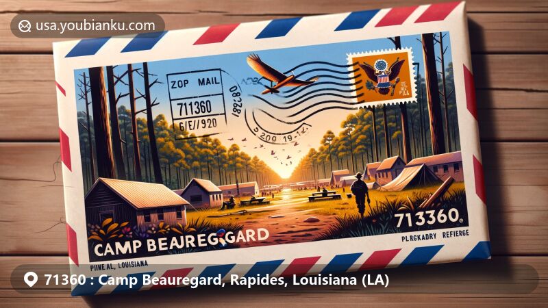 Modern illustration of Camp Beauregard, Pineville, Louisiana, featuring airmail envelope with ZIP code 71360, showcasing WWII history and transformation into a park and wildlife refuge, merging postal elements and Louisiana state flag.