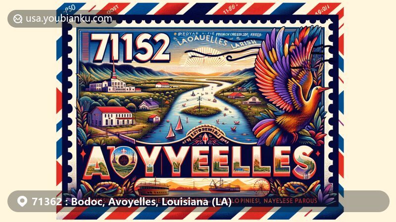 Modern illustration of Bodoc, Avoyelles Parish, Louisiana, featuring vibrant postal theme with postal code 71362, showcasing French Creole and Native American heritage, the Red, Atchafalaya, and Mississippi Rivers, local wildlife, and the Tunica-Biloxi Indian Tribe’s casino.