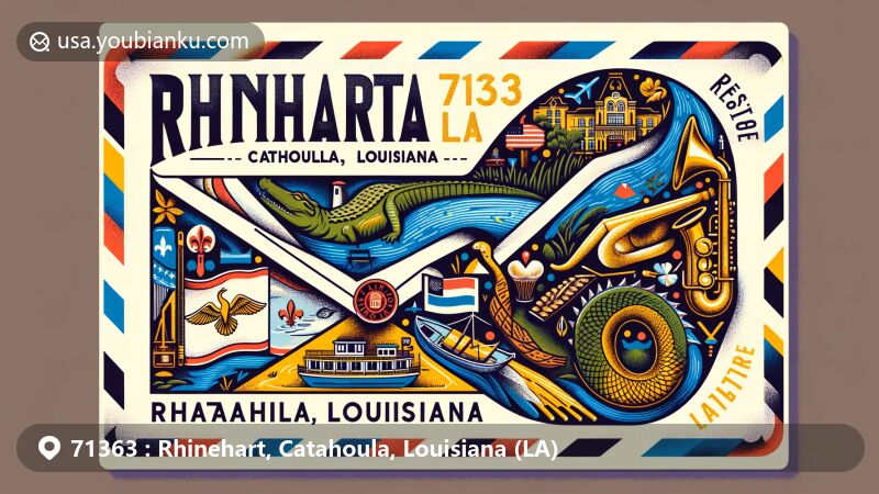 Modern illustration of Rhinehart, Catahoula, Louisiana, embodying ZIP code 71363, with a vibrant airmail envelope design featuring state symbols, jazz music, wildlife, and Mississippi River references.