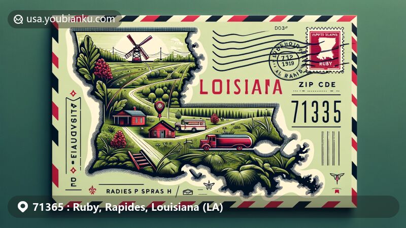 Modern illustration of Ruby - ZIP code 71365 in Rapides Parish, Louisiana, featuring stylized map, rural or natural scenery, vintage air mail elements, and vibrant colors.