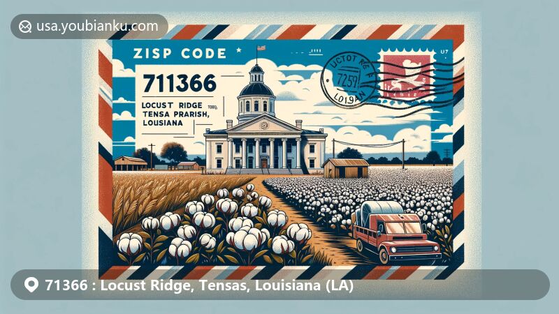 Modern illustration of Locust Ridge, Tensas Parish, Louisiana, featuring ZIP code 71366 and showcasing Tensas Parish Courthouse, cotton fields, and postal elements.