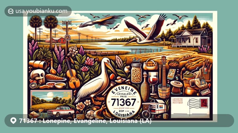 Modern illustration of Lonepine, Evangeline Parish, Louisiana, with ZIP code 71367, showcasing natural beauty and Louisiana state symbols - Bald Cypress tree, Magnolia flower, Brown Pelican bird, and Cajun cultural elements.