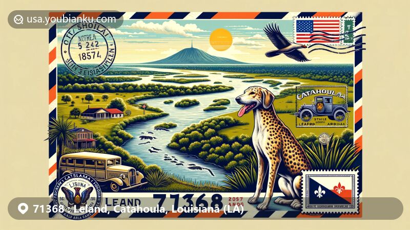 Modern illustration of Leland, Catahoula Parish, Louisiana, featuring Sicily Island Hills State Wildlife Management Area and Catahoula Leopard dog, with diverse geography and postal theme.
