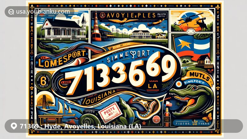 Modern illustration of Simmesport, Avoyelles Parish, Louisiana, showcasing ZIP Code 71369 with postal motifs like vintage air mail envelope and postcard layout, alongside Louisiana state flag and alligator emblem.