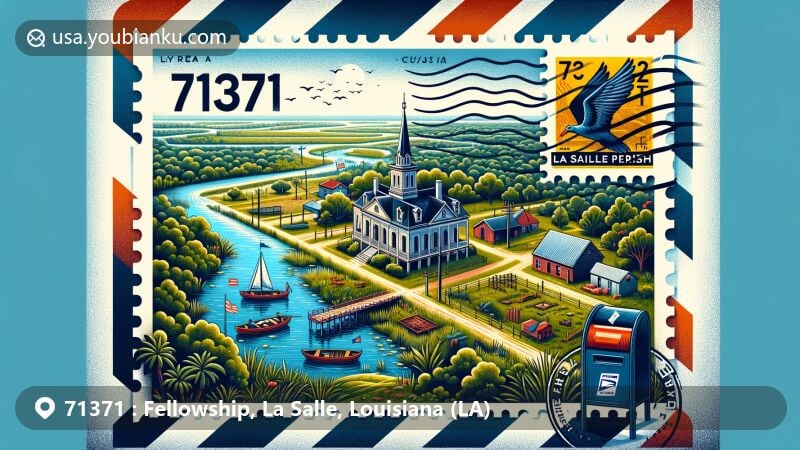 Modern illustration of Fellowship, La Salle Parish, Louisiana, capturing the rural landscape of northern Louisiana with lush greenery and water bodies, featuring a stylized envelope symbolizing the postal theme and showcasing La Salle Parish Courthouse in Jena along with ZIP code 71371.
