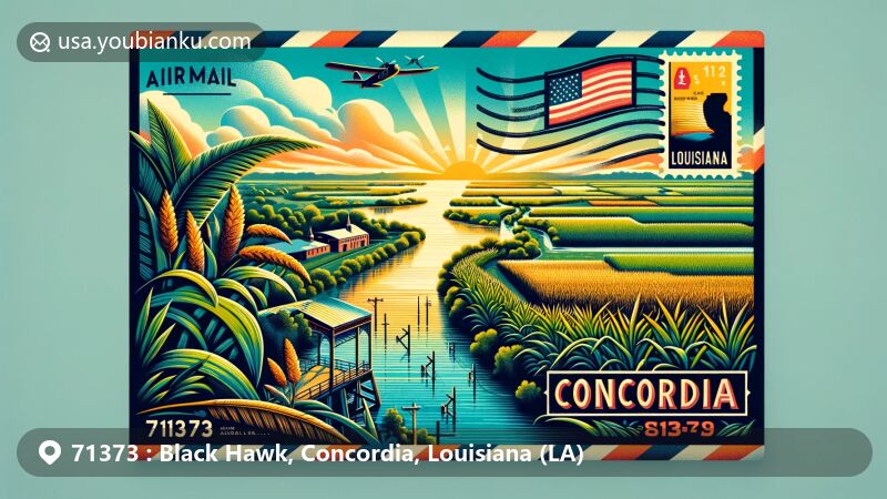 Modern illustration of Concordia Parish, Louisiana, showcasing airmail envelope with sugarcane field stamp, ZIP code 71373, and Louisiana state flag.