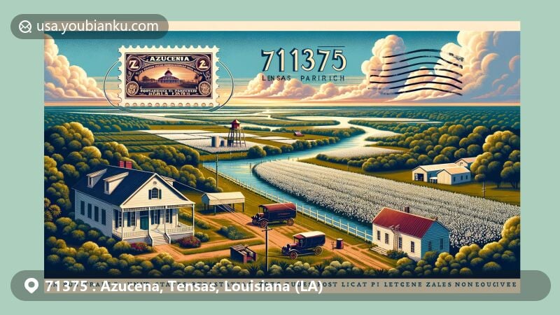 Modern illustration of Azucena area, Tensas Parish, Louisiana, with landmarks like Linwood Plantation Manager's House and Moro Plantation House, showcasing Louisiana's cotton agriculture and postal heritage.