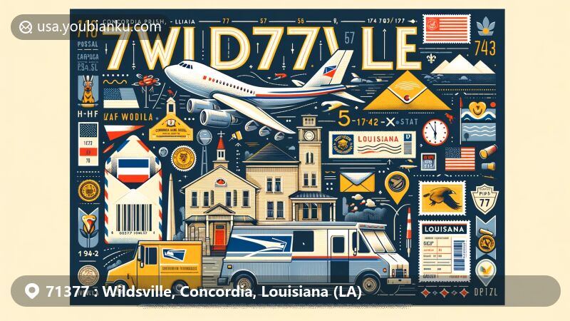 Modern illustration of Wildsville, Concordia Parish, Louisiana, showcasing postal theme with ZIP code 71377, featuring flat terrain and state symbols, including the Louisiana flag.