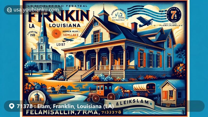 Modern illustration of Elam, Franklin, Louisiana (LA), showcasing postal theme with ZIP code 71378, featuring Franklin Historic District, Grevemberg House Museum, and Bayou Teche.